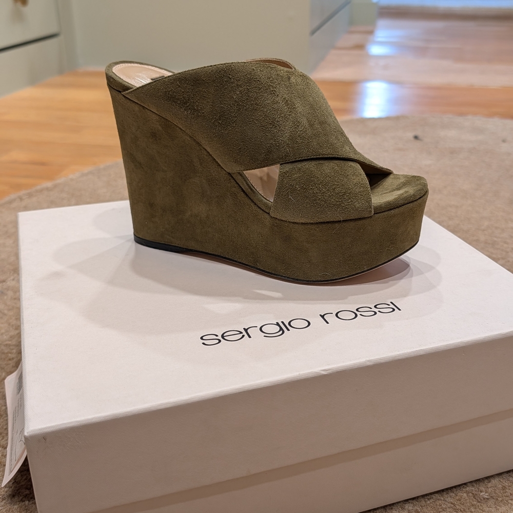 Sergio Rossi Khaki Suede Wedge Sandals